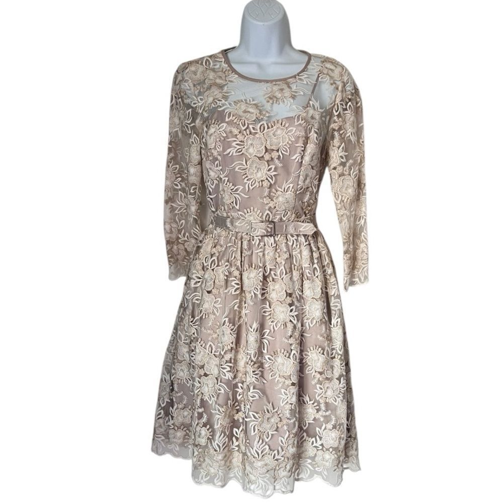 Eliza J Elegant Floral Gold Lace Evening Belted Fit Flare A-Line Holiday Dress 4